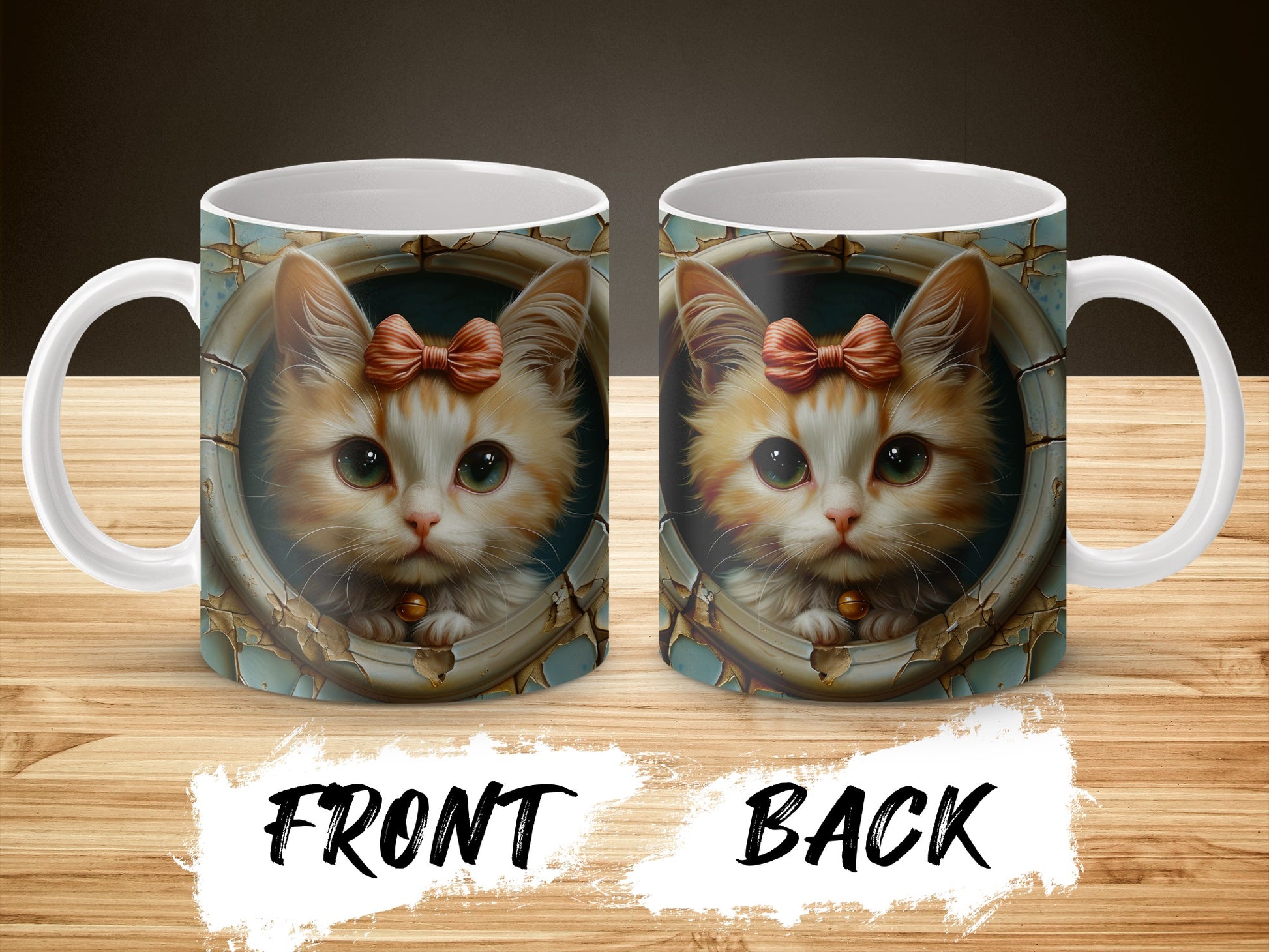 Cute Cat Mug with Bow, Adorable Kitten Coffee Cup, Unique Gift for Cat Lovers, Double-Sided Design
