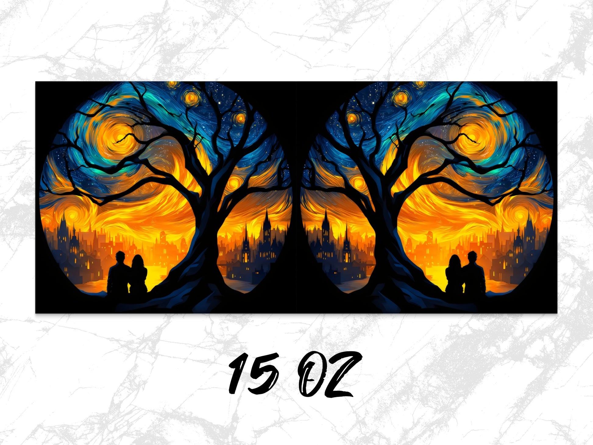 Romantic Starry Night Sky Mug, Couple Silhouette, Van Gogh Inspired Cityscape, 15 Oz Coffee Cup