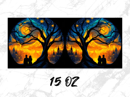 Romantic Starry Night Sky Mug, Couple Silhouette, Van Gogh Inspired Cityscape, 15 Oz Coffee Cup