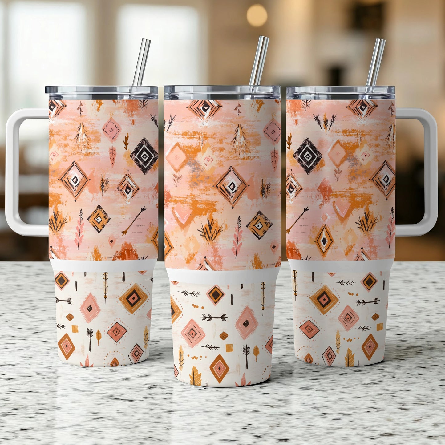 Boho Chic Tumbler Set, Insulated Drinkware with Geometric Tribal Pattern, Stainless Steel Cups with Straws, 20 oz
