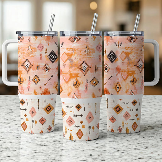 Boho Chic Tumbler Set, Insulated Drinkware with Geometric Tribal Pattern, Stainless Steel Cups with Straws, 20 oz