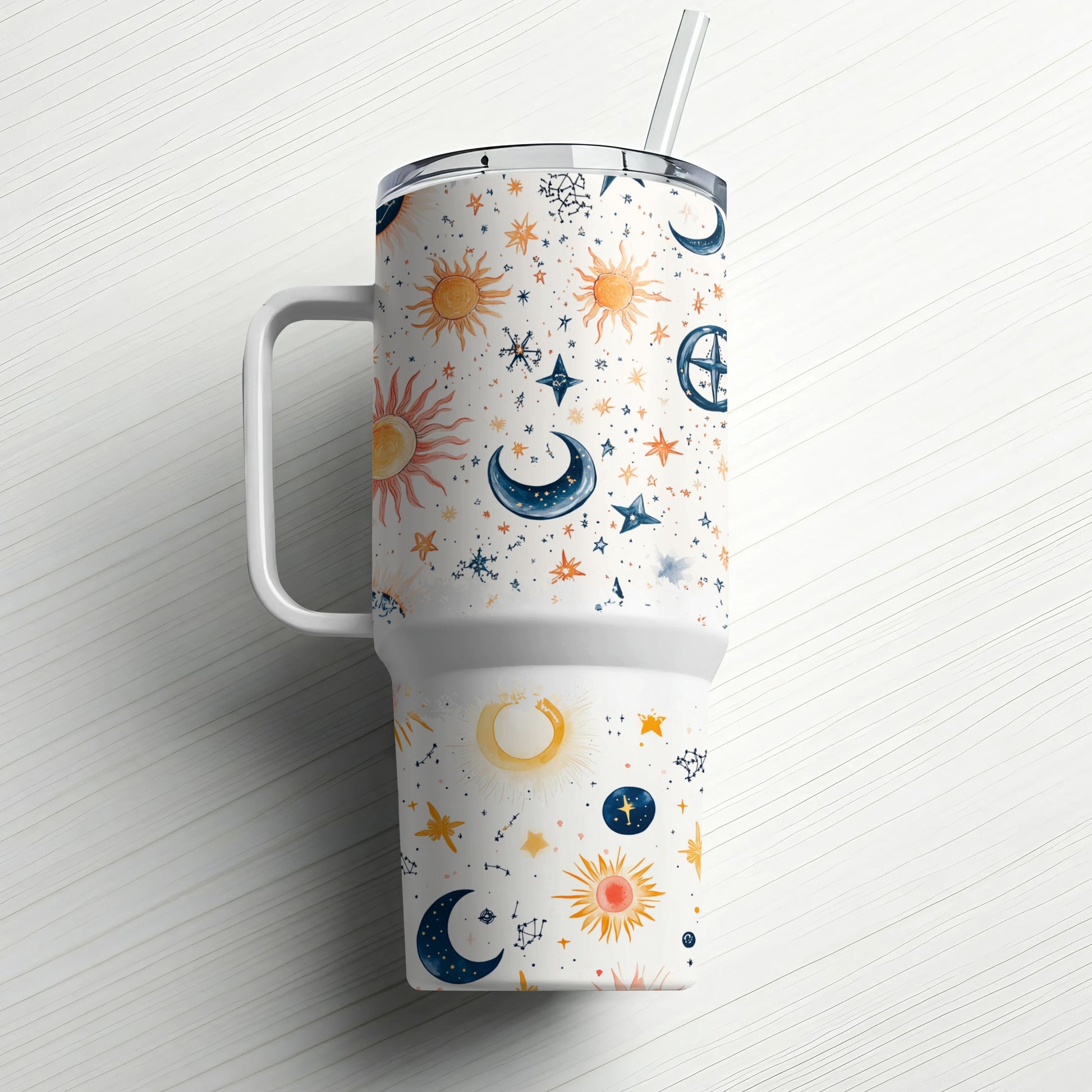 Celestial Tumbler with Lid and Straw, Sun Moon Stars Pattern, Insulated Travel Cup, Unique Gift Idea