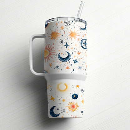 Celestial Tumbler with Lid and Straw, Sun Moon Stars Pattern, Insulated Travel Cup, Unique Gift Idea