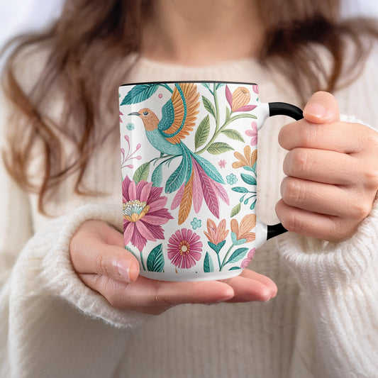 Colorful Bird and Floral Design Ceramic Mug product