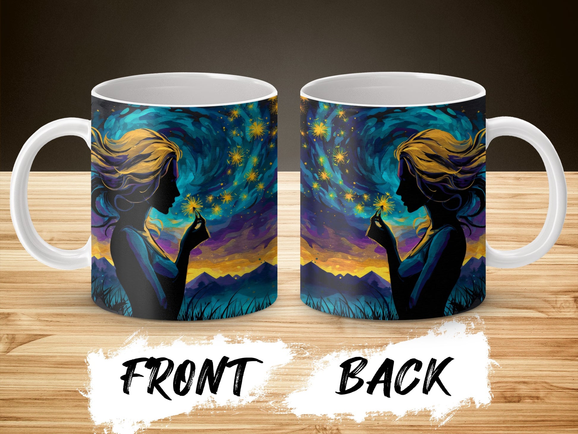 Mystical Night Sky Woman Silhouette Coffee Mug, Starry Artistic Design, Unique Gift Idea