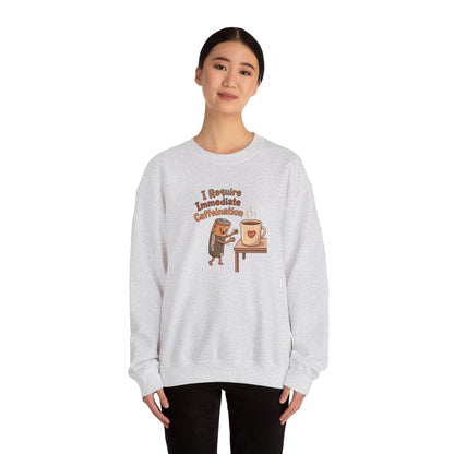 Light gray sweatshirt with cartoon coffee mug and text "I Require Immediate Caffeination".