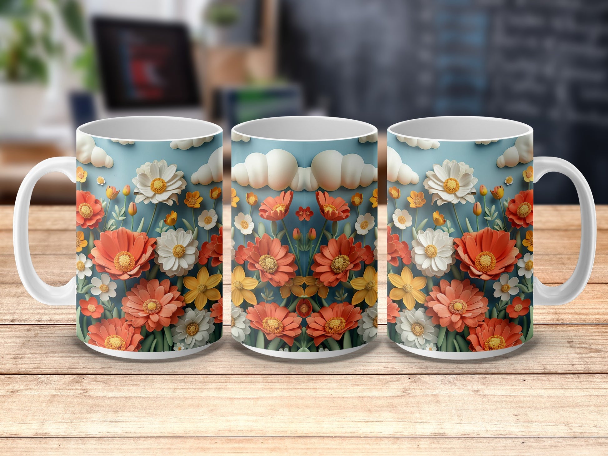 Floral Coffee Mugs, Set of Three, Vibrant Daisy and Poppy Designs, Perfect for Spring Morning Coffee, Colorful Kitchen Decor