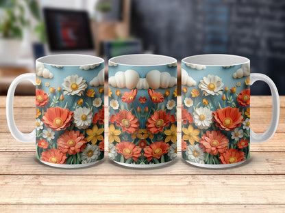 Floral Coffee Mugs, Set of Three, Vibrant Daisy and Poppy Designs, Perfect for Spring Morning Coffee, Colorful Kitchen Decor