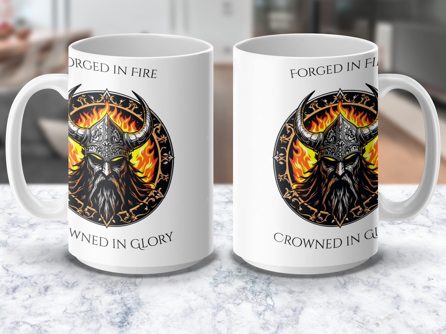 Viking Warrior Graphic Mugs, Forged in Fire, Crowned in Glory, Flame Helmet Design, Unique Coffee Cups, Norse Mythology Gifts