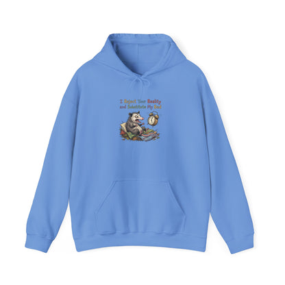 Opossum wearing pajamas rejecting reality with alarm clock and books.