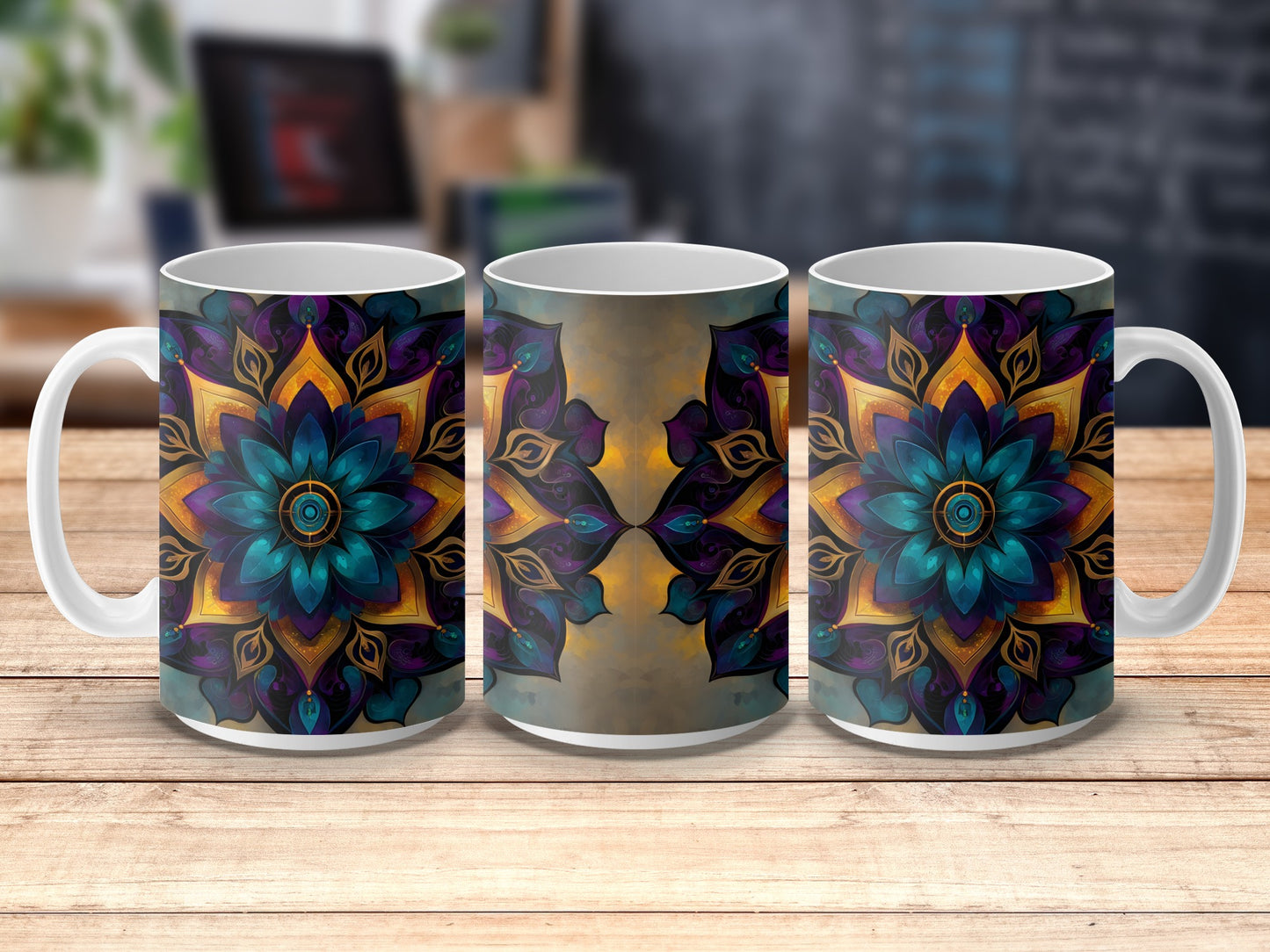 Colorful Mandala Coffee Mugs, Set of 3, Bohemian Kitchen Decor, Unique Gift Idea, Artistic Drinkware, Vibrant Desk Accessory.