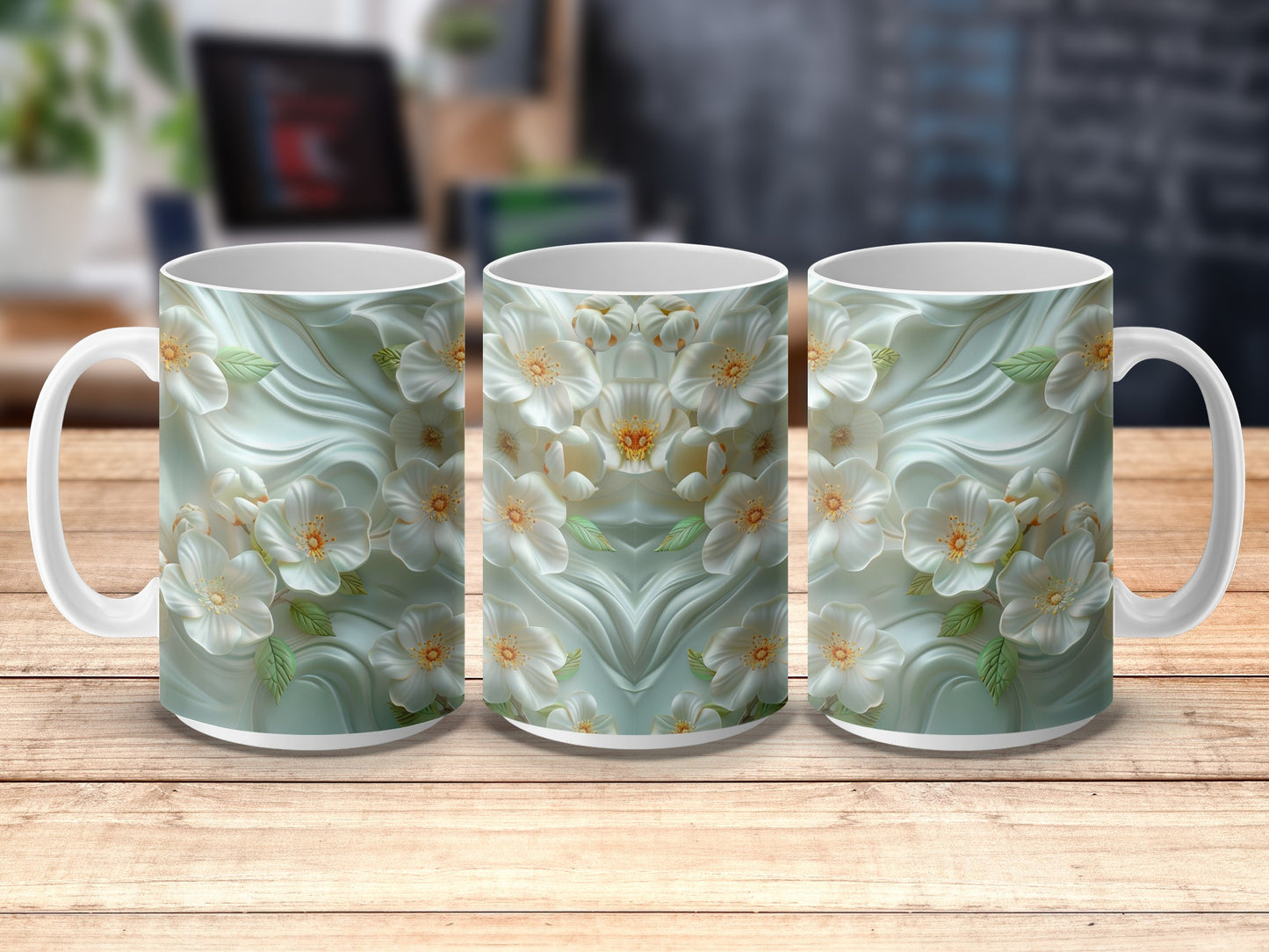 Floral Coffee Mug, Elegant White Flowers on Blue Background, Ceramic Tea Cup, Home Decor Gift