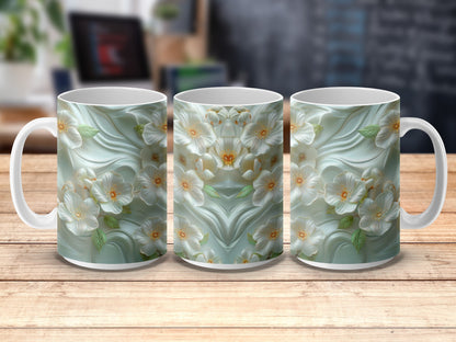 Floral Coffee Mug, Elegant White Flowers on Blue Background, Ceramic Tea Cup, Home Decor Gift