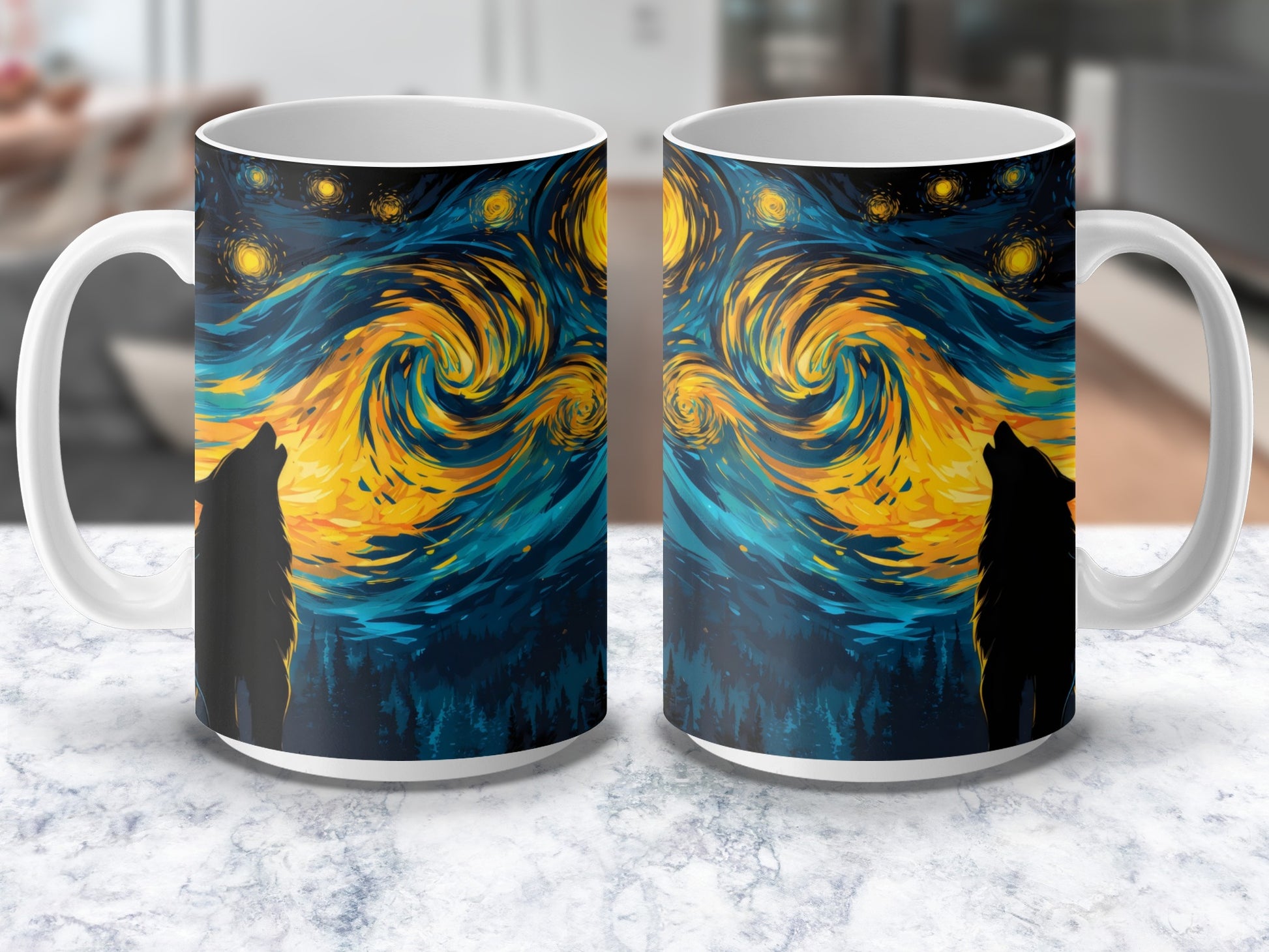 Starry Night Inspired Wolf Silhouette Coffee Mug, Artistic Blue and Yellow Swirls, Unique Gift Idea