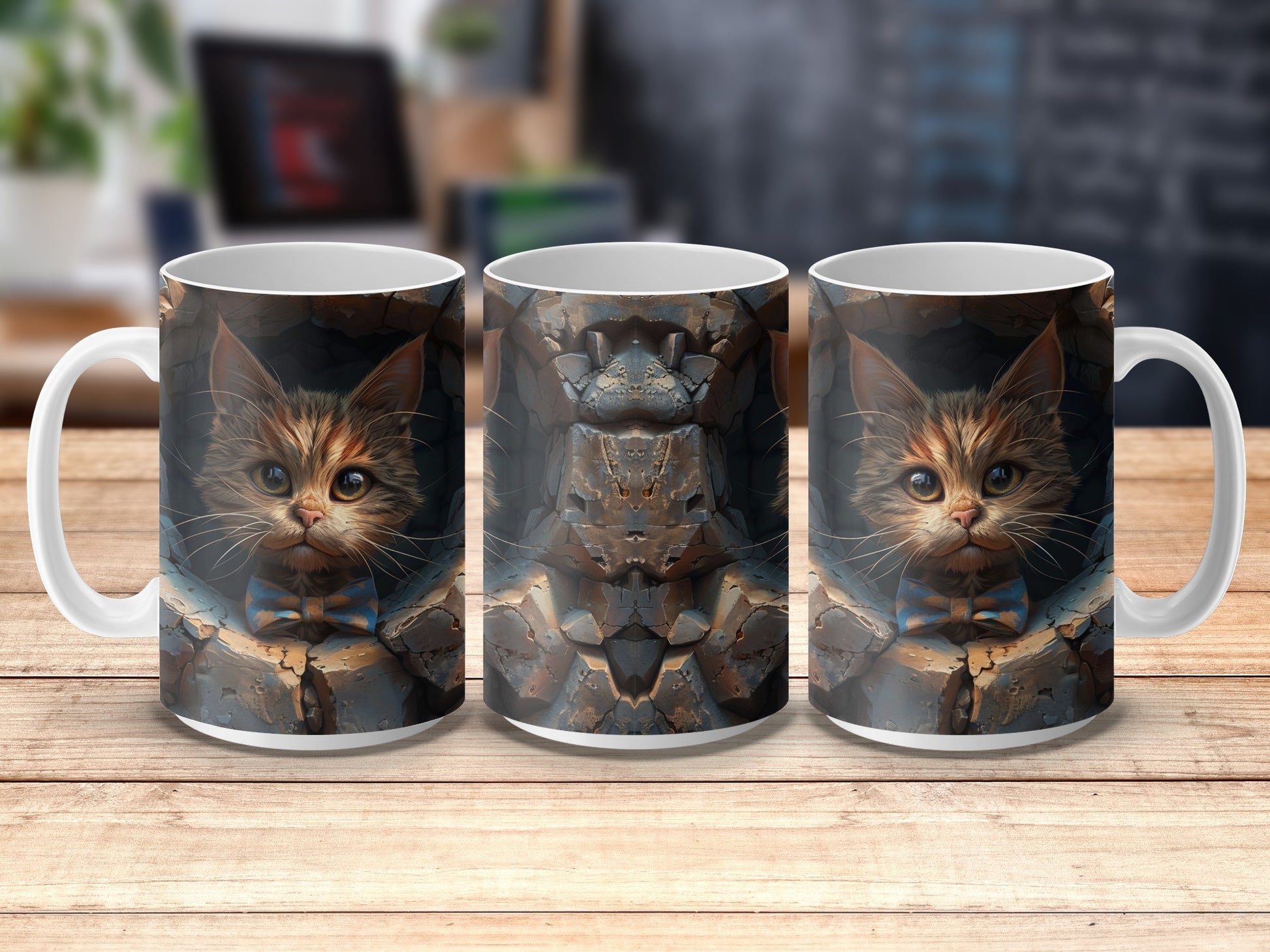 Cat Face Mug, Unique Feline Print on Rock Background, Coffee Cup for Cat Lovers, Gift Idea