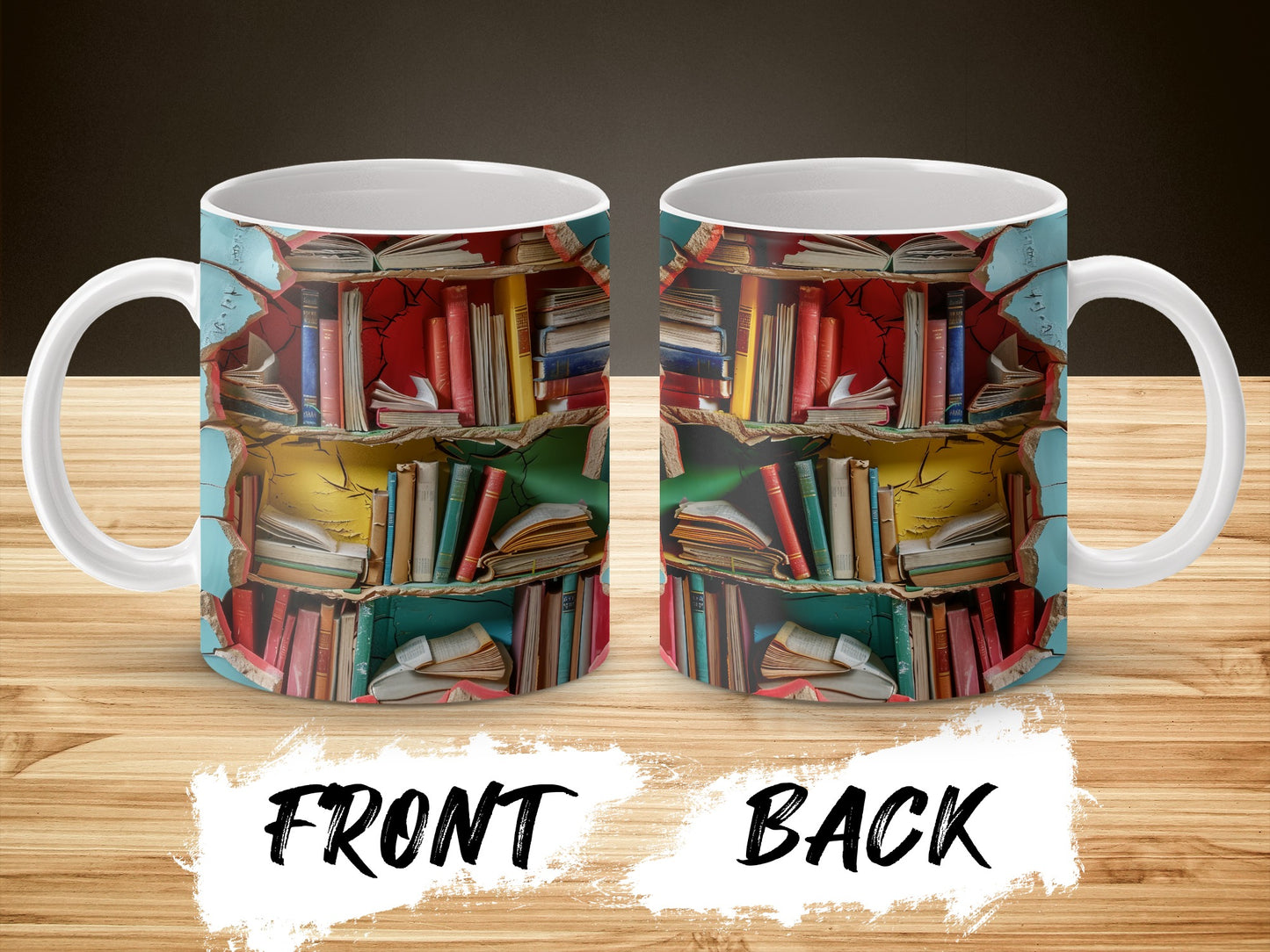 Colorful Bookshelf Design Coffee Mug, Literary Gift, Book Lover Tea Cup, Unique Reading Gift, Dual-Sided Print, Vibrant Colors