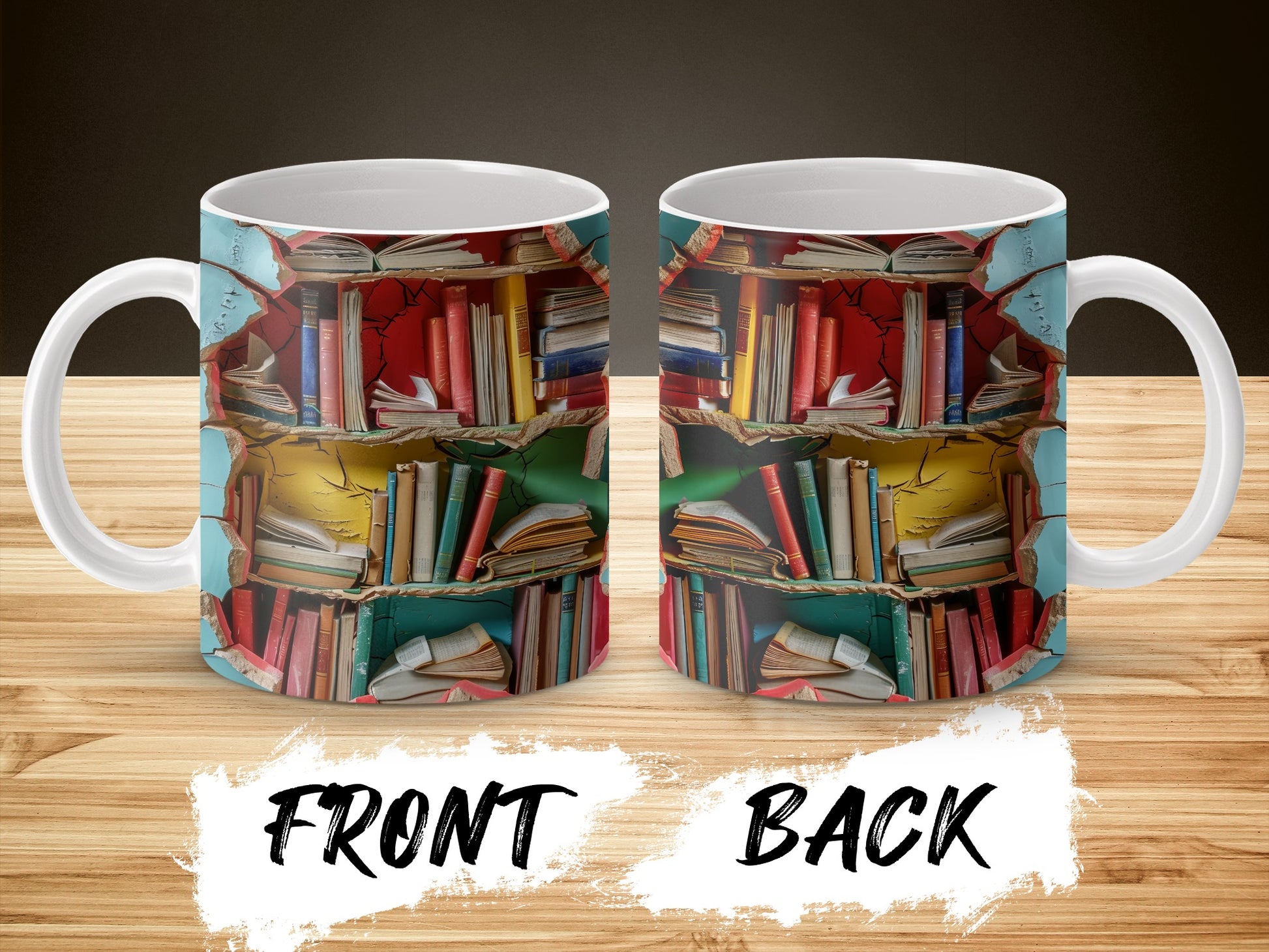 Colorful Bookshelf Design Coffee Mug, Literary Gift, Book Lover Tea Cup, Unique Reading Gift, Dual-Sided Print, Vibrant Colors