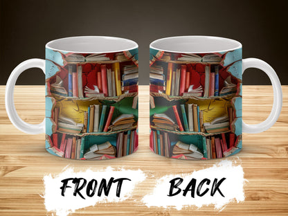 Colorful Bookshelf Design Coffee Mug, Literary Gift, Book Lover Tea Cup, Unique Reading Gift, Dual-Sided Print, Vibrant Colors