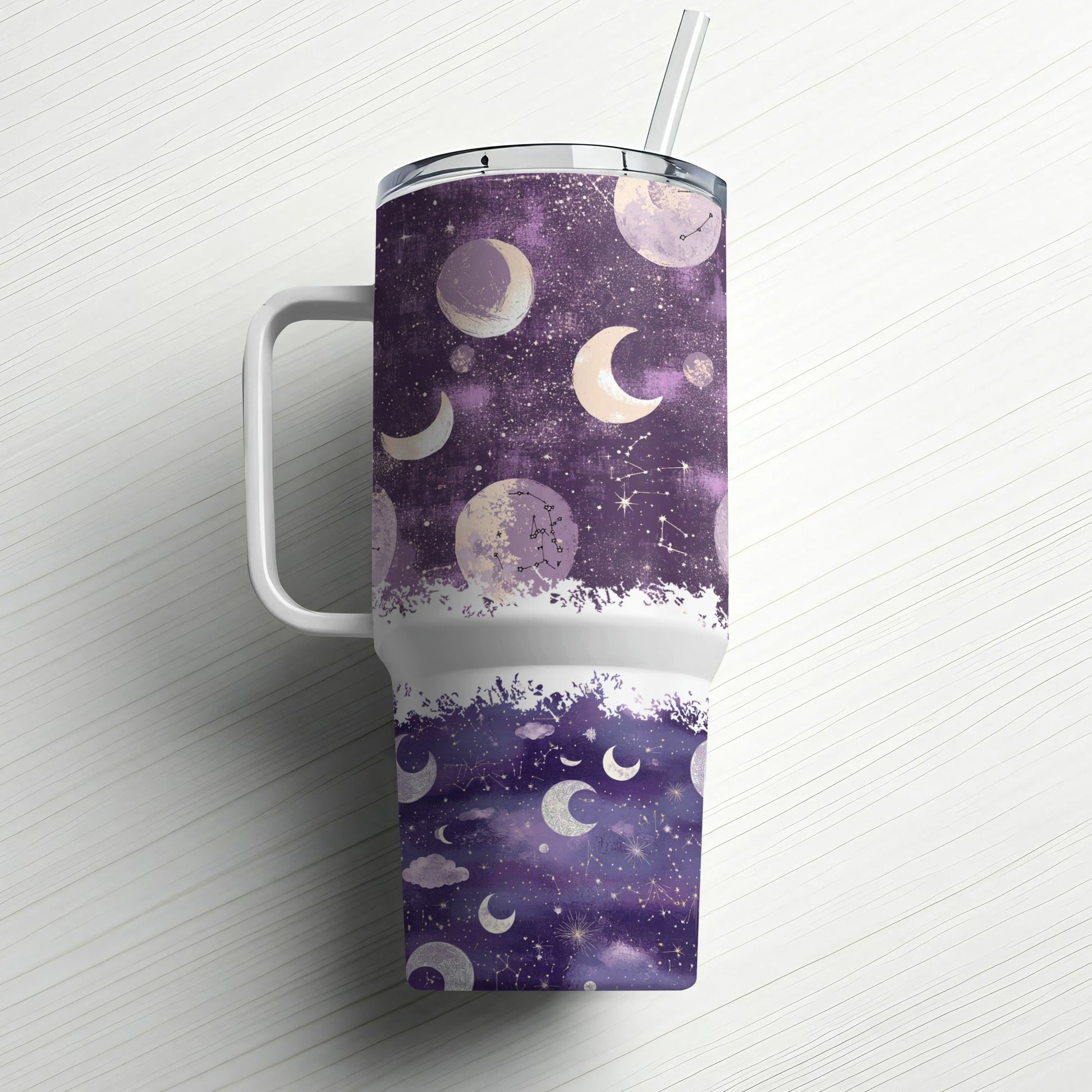 Galaxy Tumbler, Purple Moon Phases Travel Mug, Insulated Stainless Steel Cup with Straw