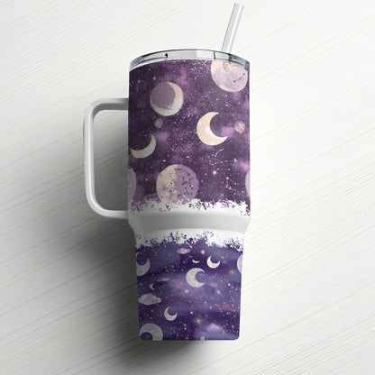 Galaxy Tumbler, Purple Moon Phases Travel Mug, Insulated Stainless Steel Cup with Straw