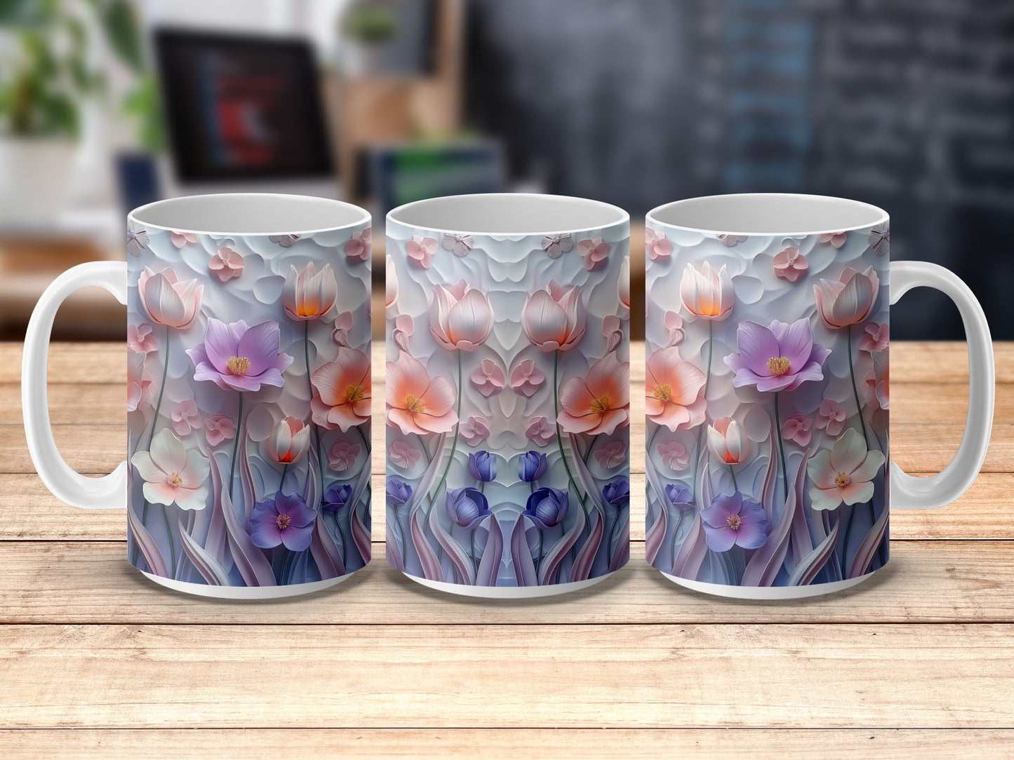 Floral Coffee Mugs Set, Colorful Blooming Flowers Design, Ceramic Tea Cups, Unique Kitchen Decor, Gift Idea