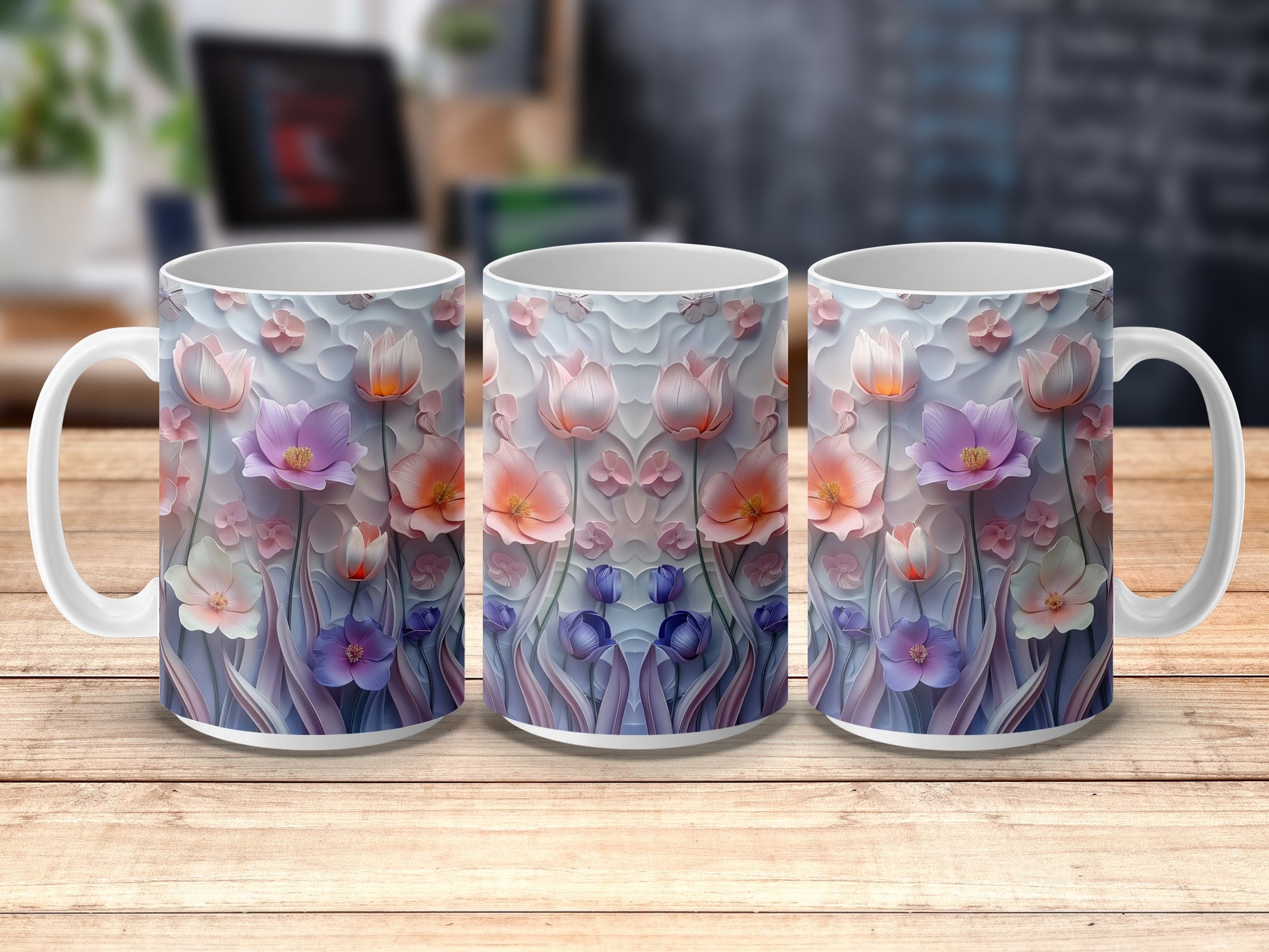 Floral Coffee Mugs Set, Colorful Blooming Flowers Design, Ceramic Tea Cups, Unique Kitchen Decor, Gift Idea