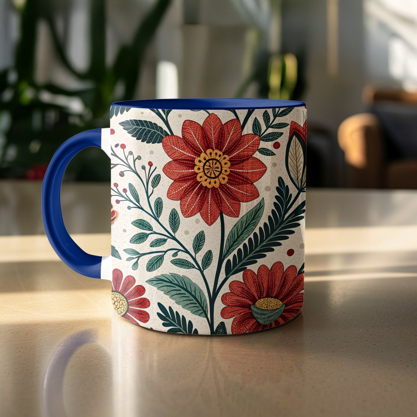 Floral Patterned Mug Vibrant Red and Green Coffee Product