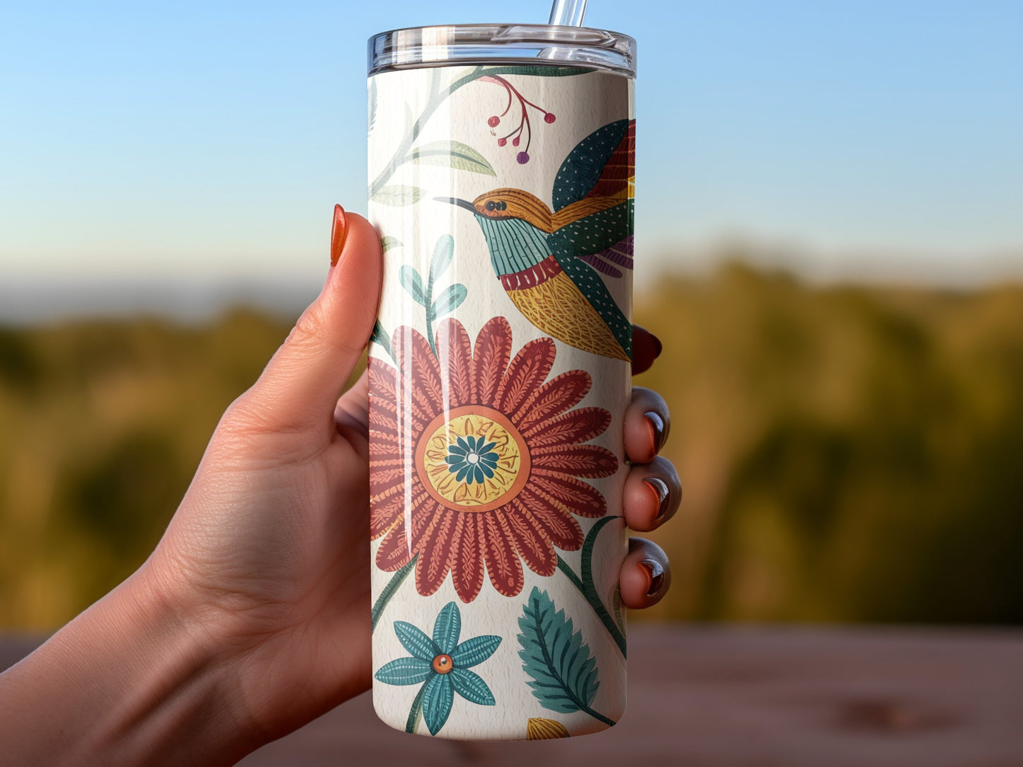 Colorful Hummingbird and Floral Design Tumbler product