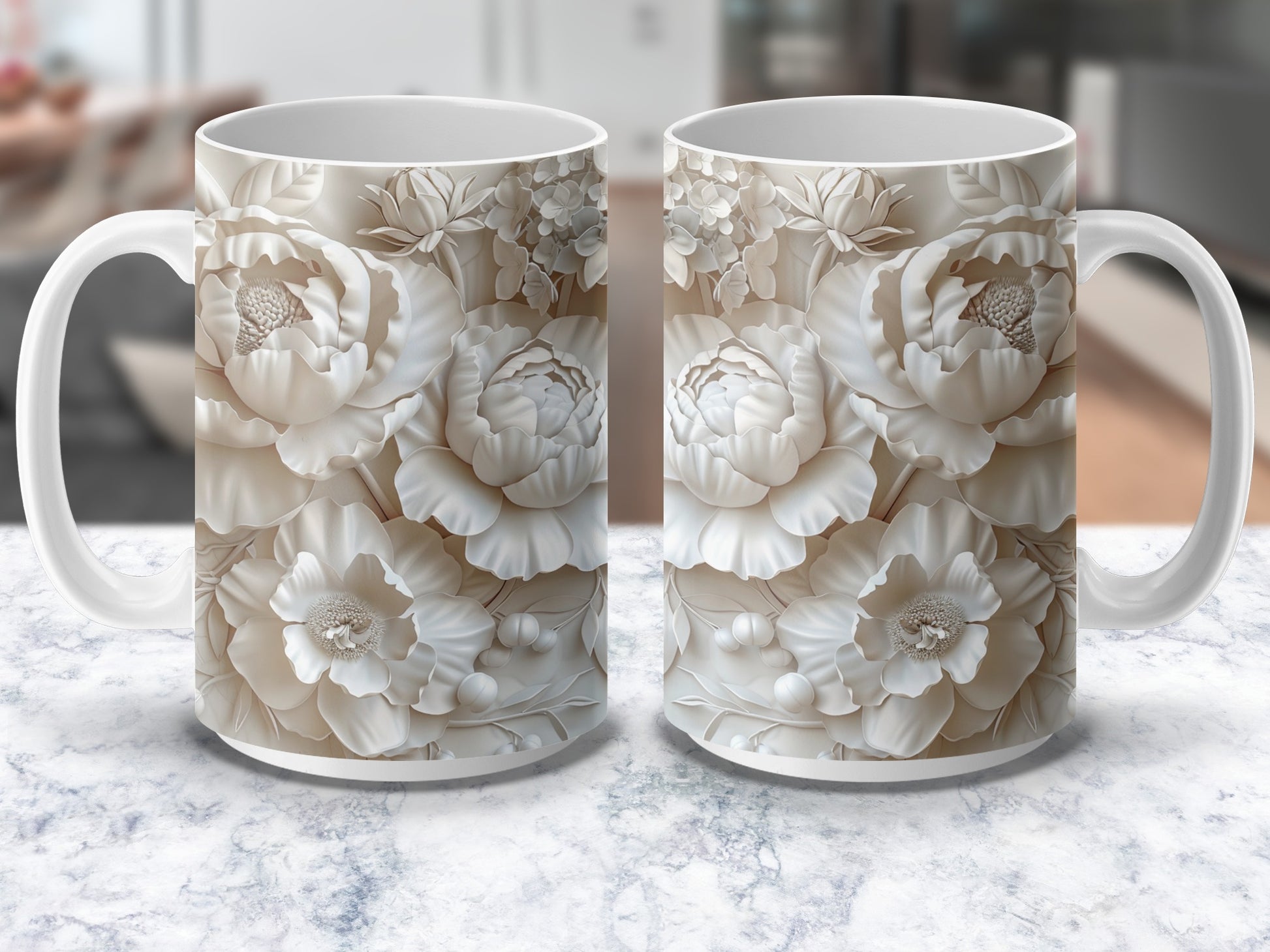 Elegant Floral Coffee Mugs, Cream White Blossom Design, Ceramic Tea Cups, Set of 2, Perfect Gift Idea