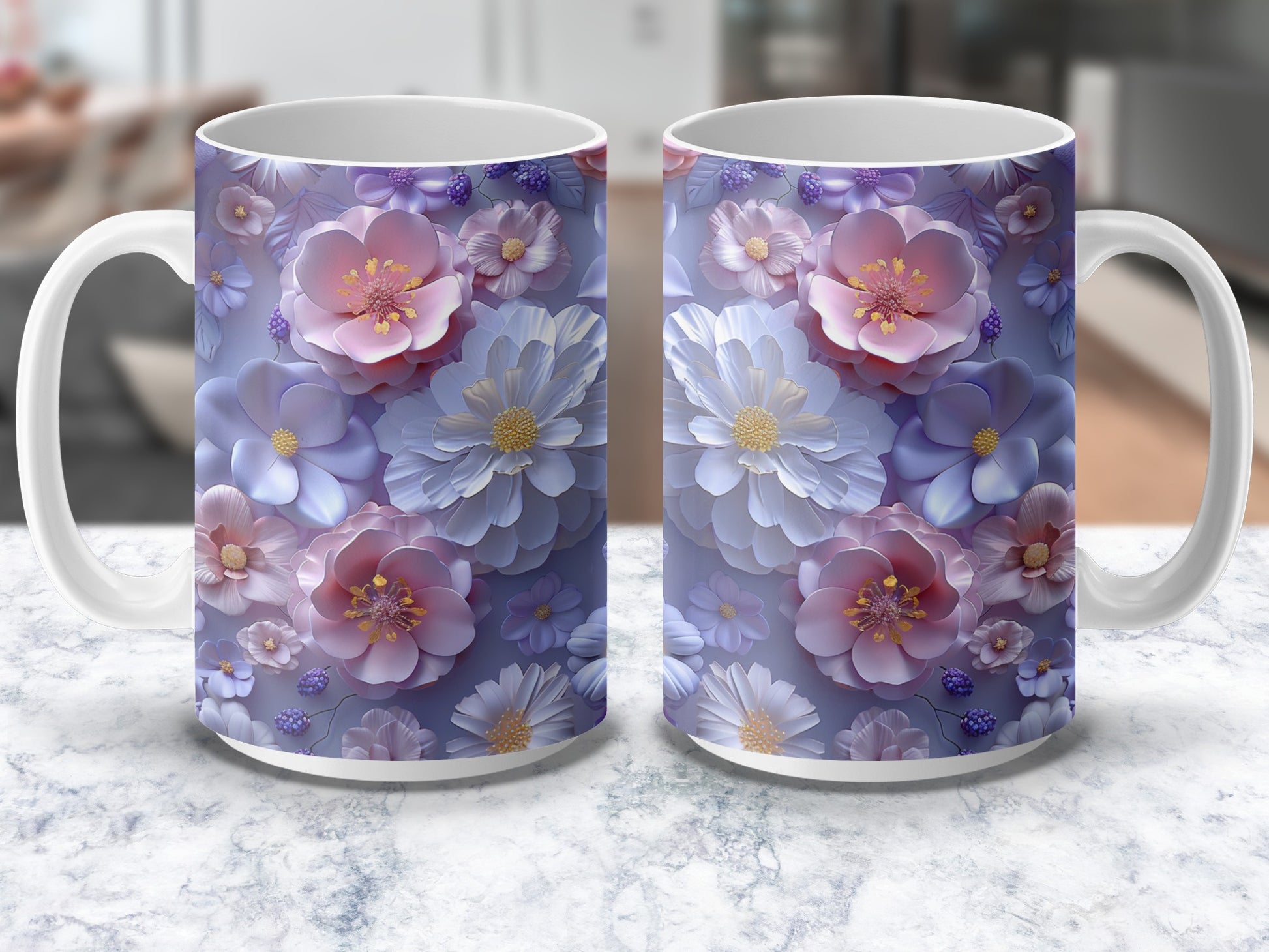 Floral Coffee Mug Set, Purple and Blue Blossom Design, Ceramic Tea Cups, Gift Idea for Her, Elegant Home Decor, Kitchen Essentials