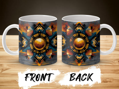 Aztec Sun Design Coffee Mug, Colorful Tribal Pattern Ceramic Cup, Unique Ethnic Print Drinkware, Gift Idea