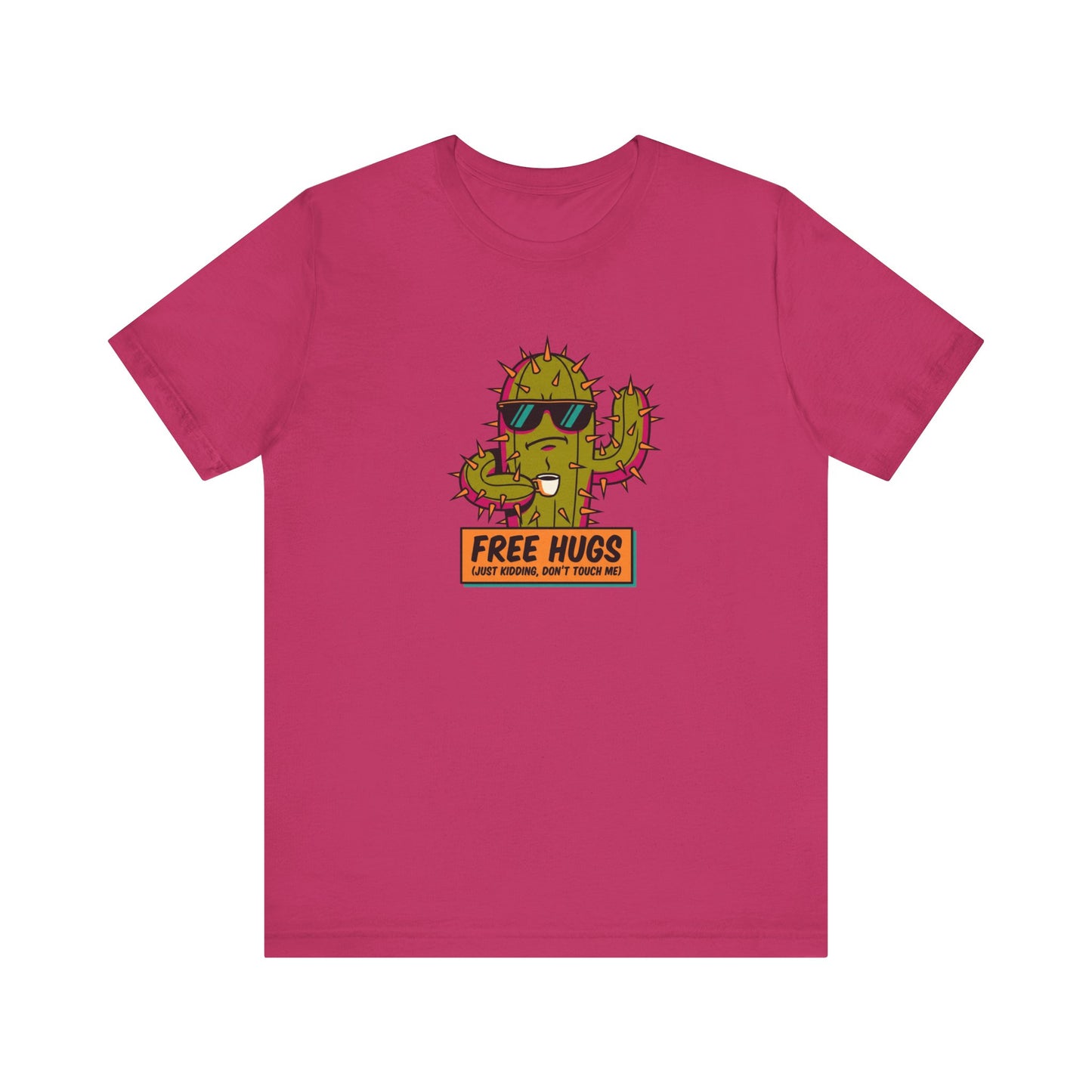 T-shirt with cartoon cactus wearing sunglasses and holding a drink.