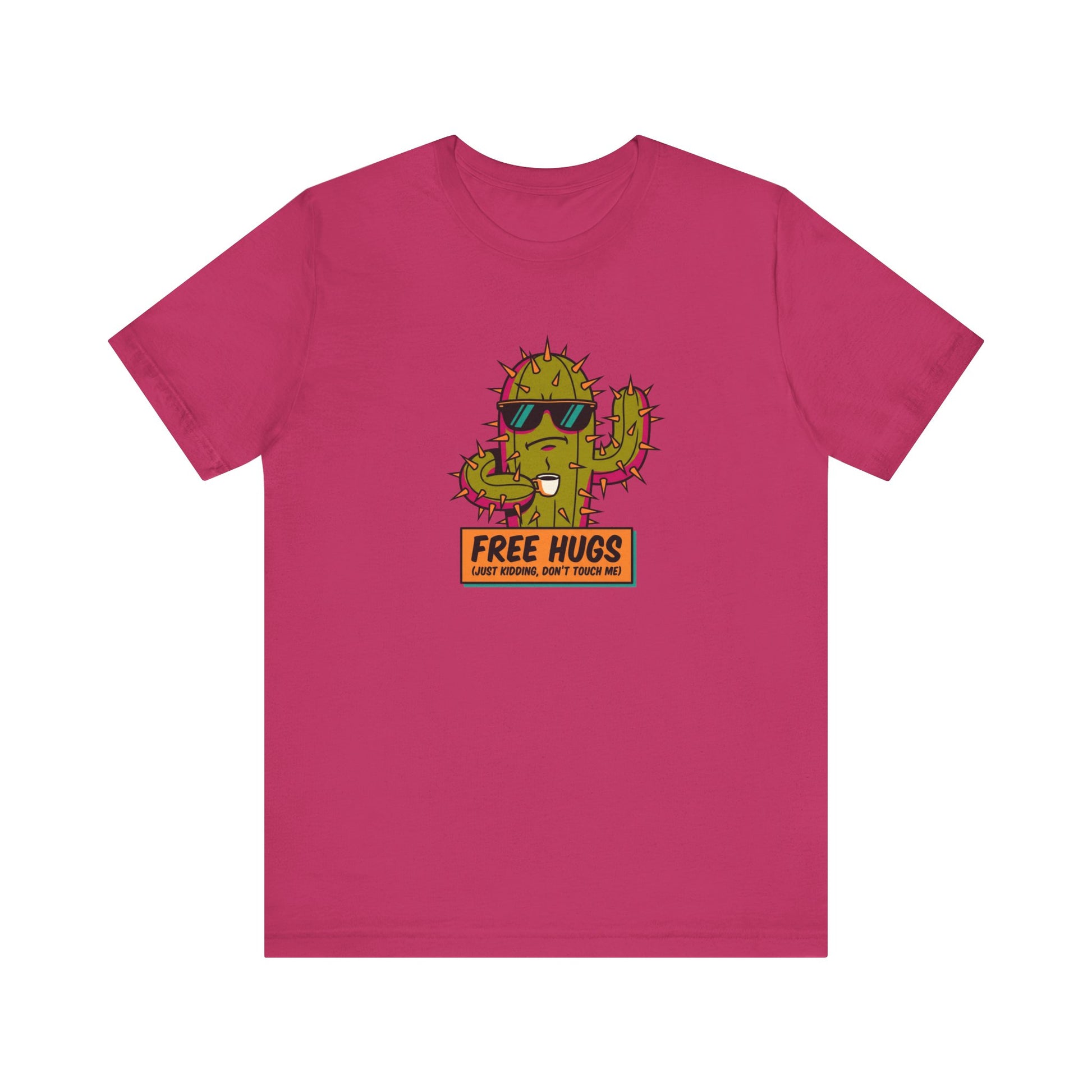 T-shirt with cartoon cactus wearing sunglasses and holding a drink.