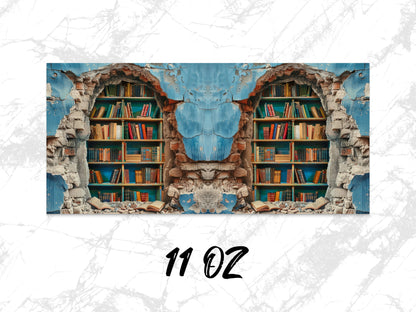 Vintage Library Bookshelf Design Mug, Artistic Book Lover Coffee Cup, 11oz Unique Reader Gift