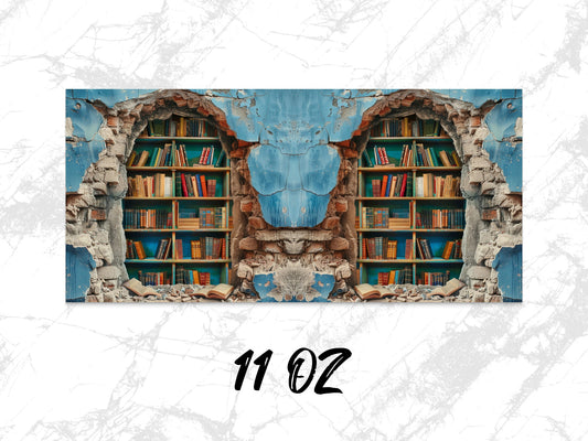 Vintage Library Bookshelf Design Mug, Artistic Book Lover Coffee Cup, 11oz Unique Reader Gift