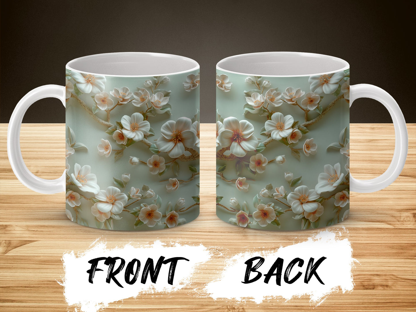 Floral Coffee Mug, Vintage White Plumeria Design, Elegant Gift, Ceramic Tea Cup, Unique Drinkware, Front and Back Flowers, Kitchen Decor