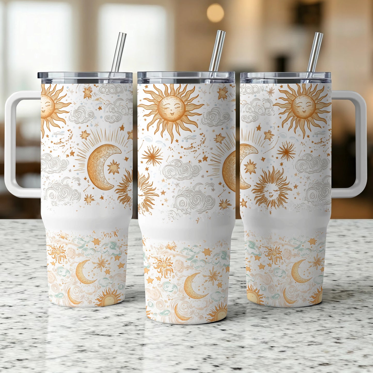 Sun and Moon Design Insulated Tumblers with Straws - Celestial Pattern Travel Cups, 20 oz Stainless Steel Drinkware