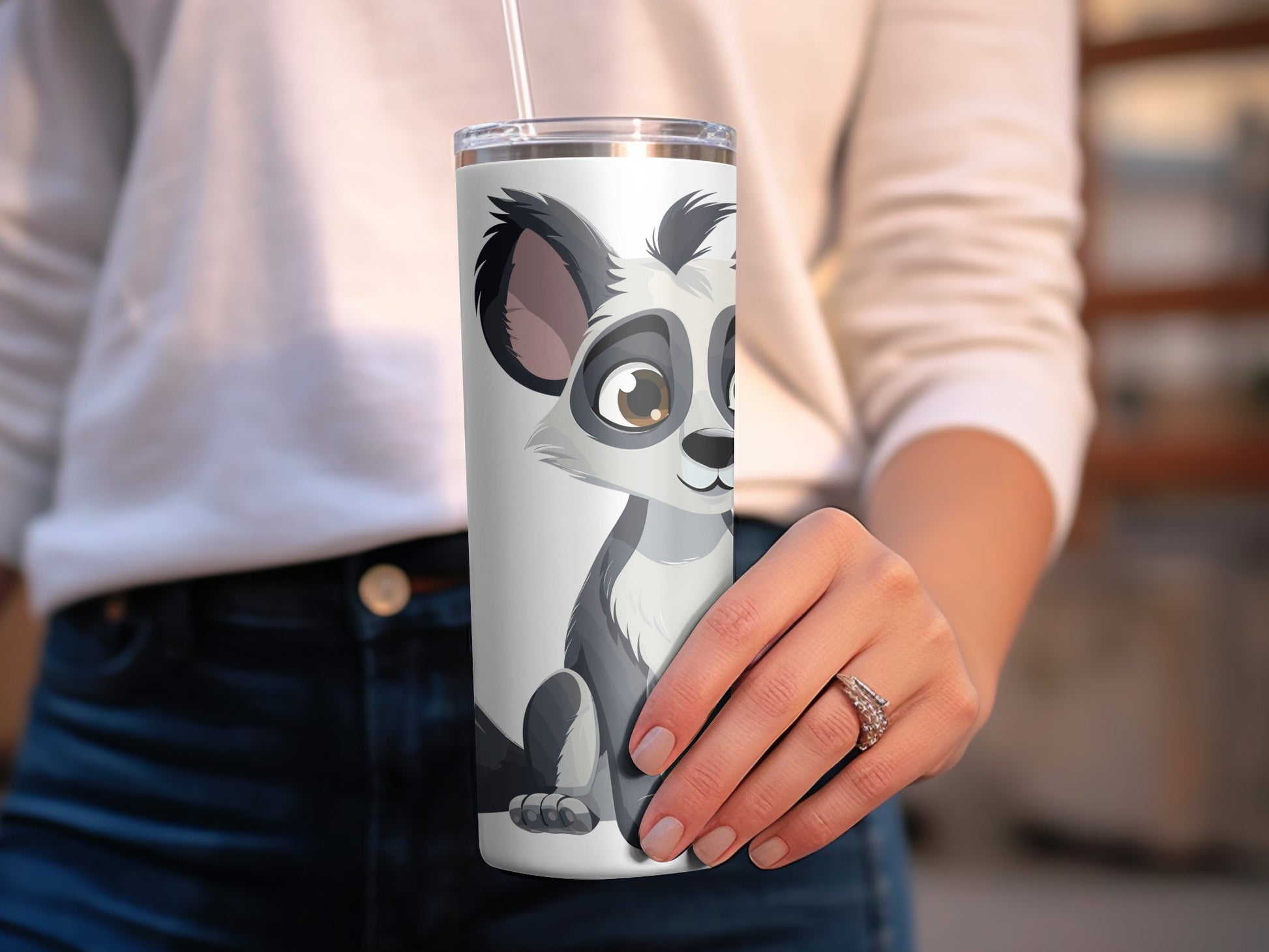Cute Lemur Tumbler, Insulated Travel Mug, Cartoon Animal Design, Stainless Steel Water Bottle, Eco-Friendly, Gift Idea