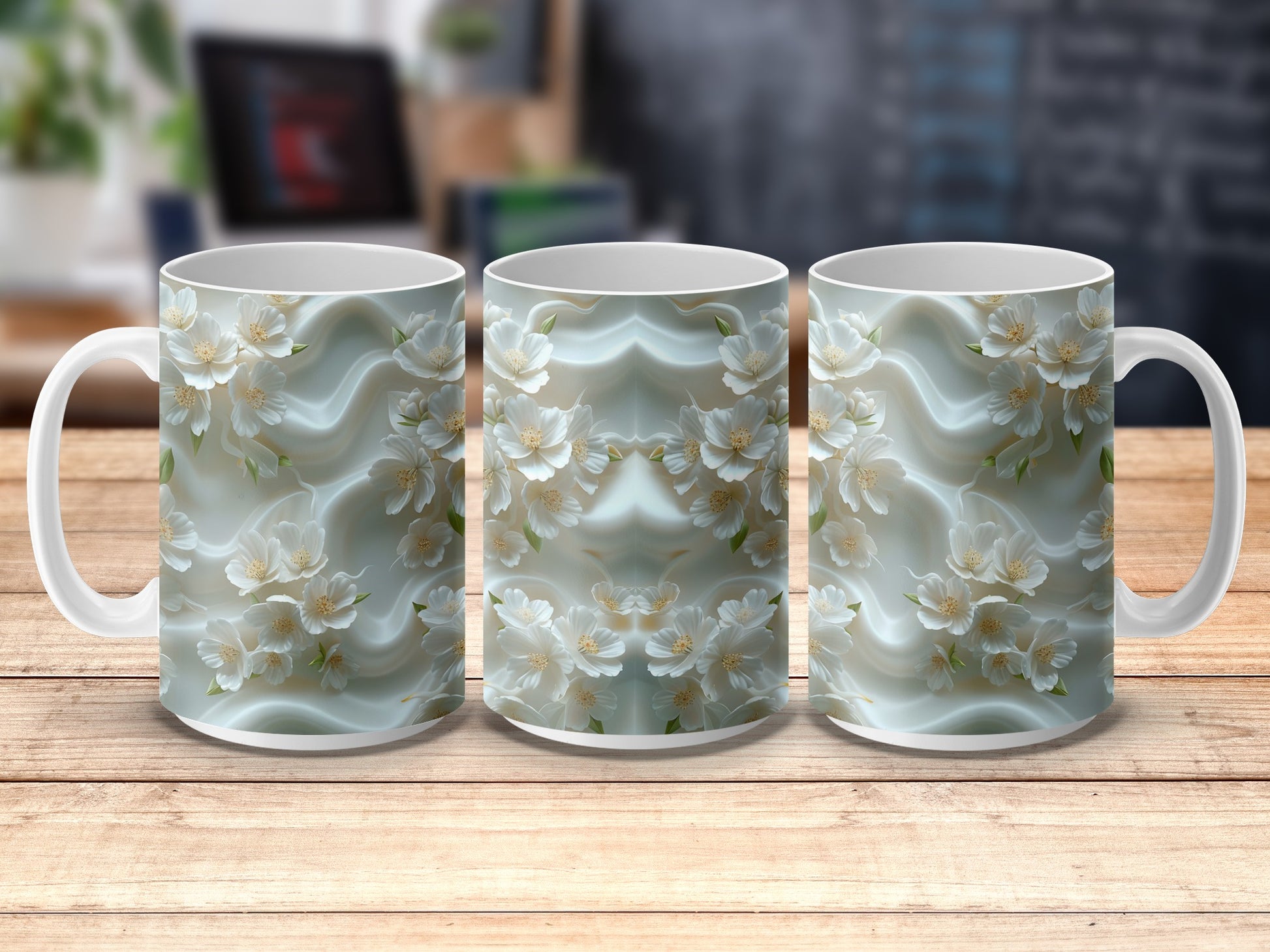 Elegant Floral Coffee Mugs, Ceramic Tea Cup Set, White Blossoms on Blue Background, Gift Idea
