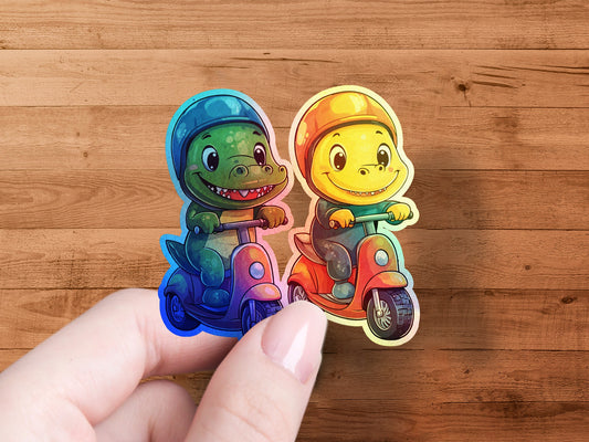 Adorable Cartoon Dinosaurs on Scooters Sticker product type