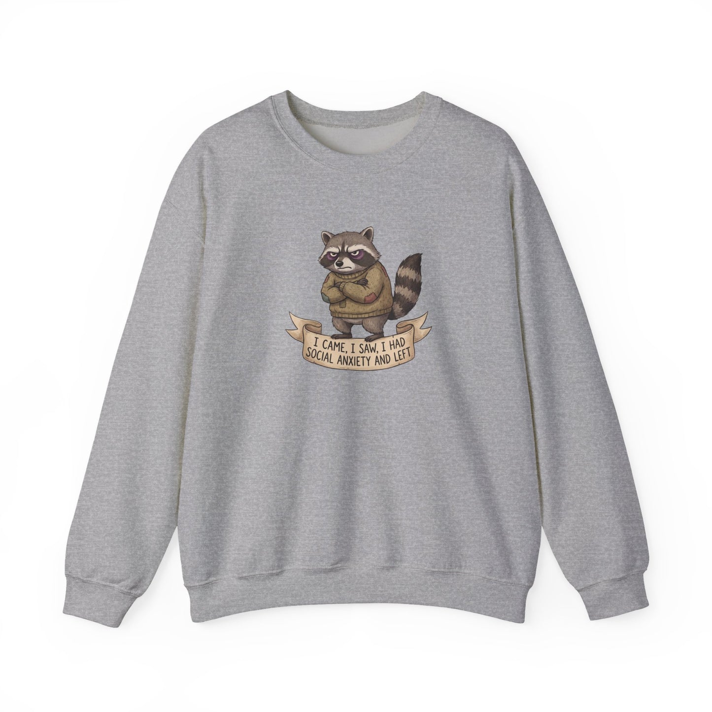 Raccoon wearing a sweater and a banner reading "I came, I saw, I had social anxiety and left."