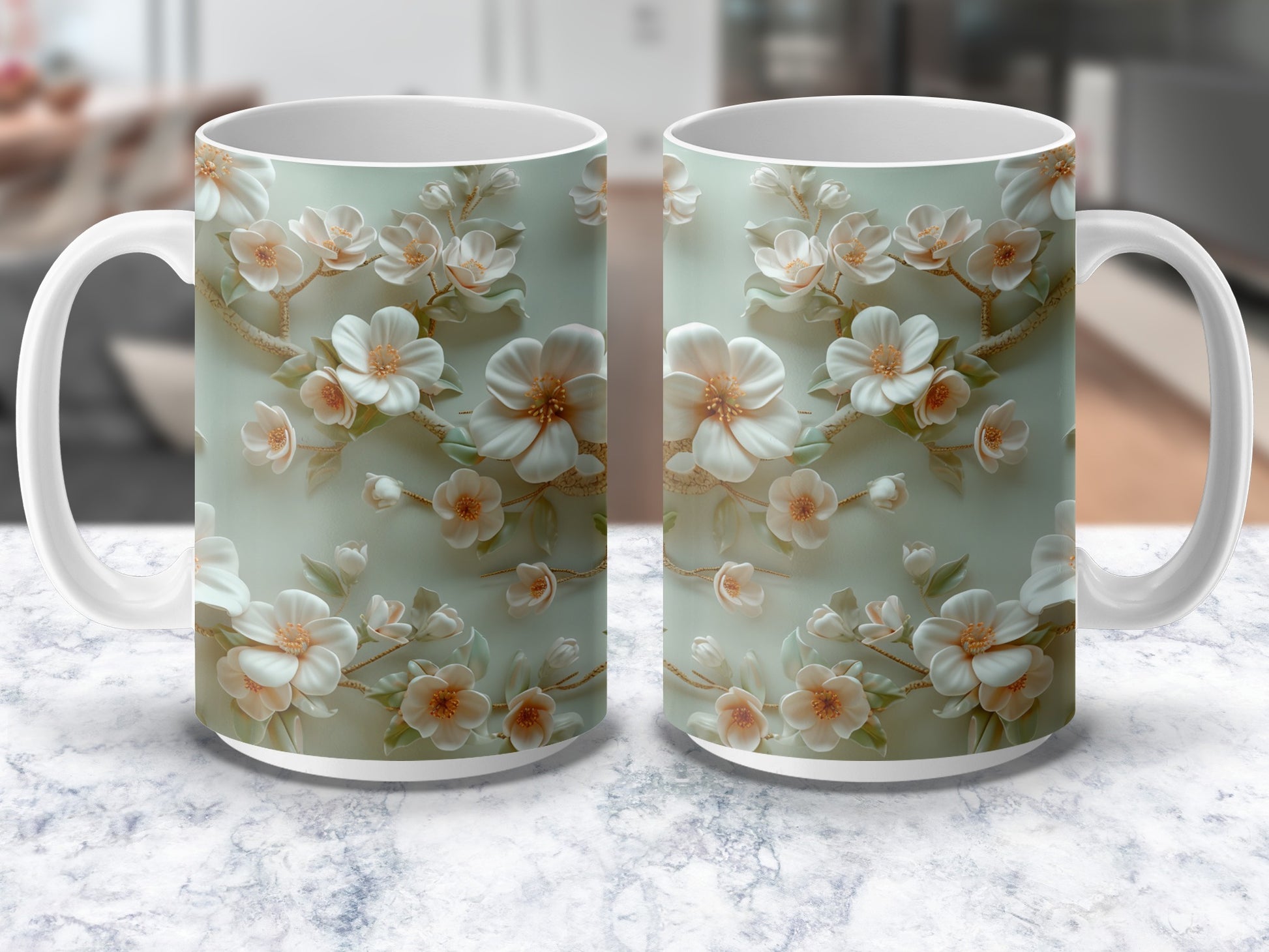 Elegant Floral Ceramic Mugs, White Blossom Design on Mint Background, Set of 2, Perfect Gift