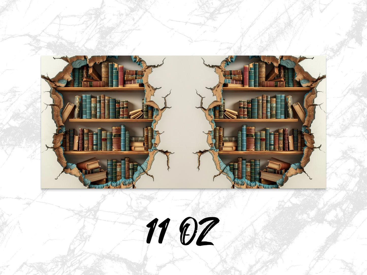 Vintage Library Bookshelf Design Coffee Mug, 11 oz Ceramic Mug, Unique Cracked Wall Illusion, Book Lover Gift