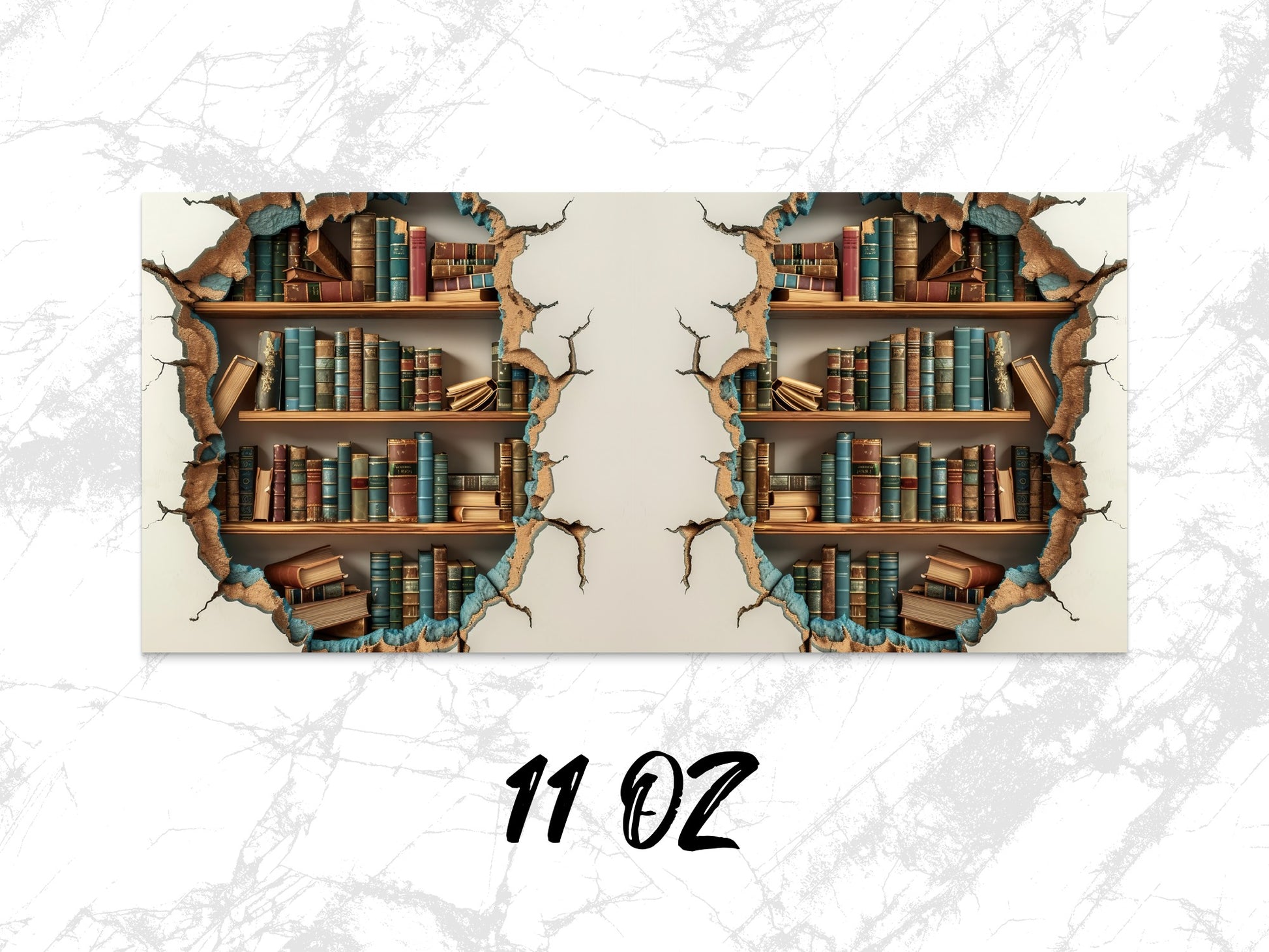 Vintage Library Bookshelf Design Coffee Mug, 11 oz Ceramic Mug, Unique Cracked Wall Illusion, Book Lover Gift