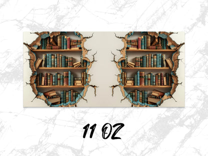 Vintage Library Bookshelf Design Coffee Mug, 11 oz Ceramic Mug, Unique Cracked Wall Illusion, Book Lover Gift