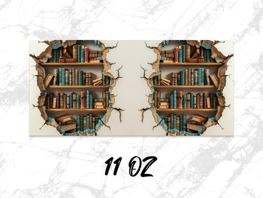 Vintage Library Bookshelf Design Coffee Mug, 11 oz Ceramic Mug, Unique Cracked Wall Illusion, Book Lover Gift