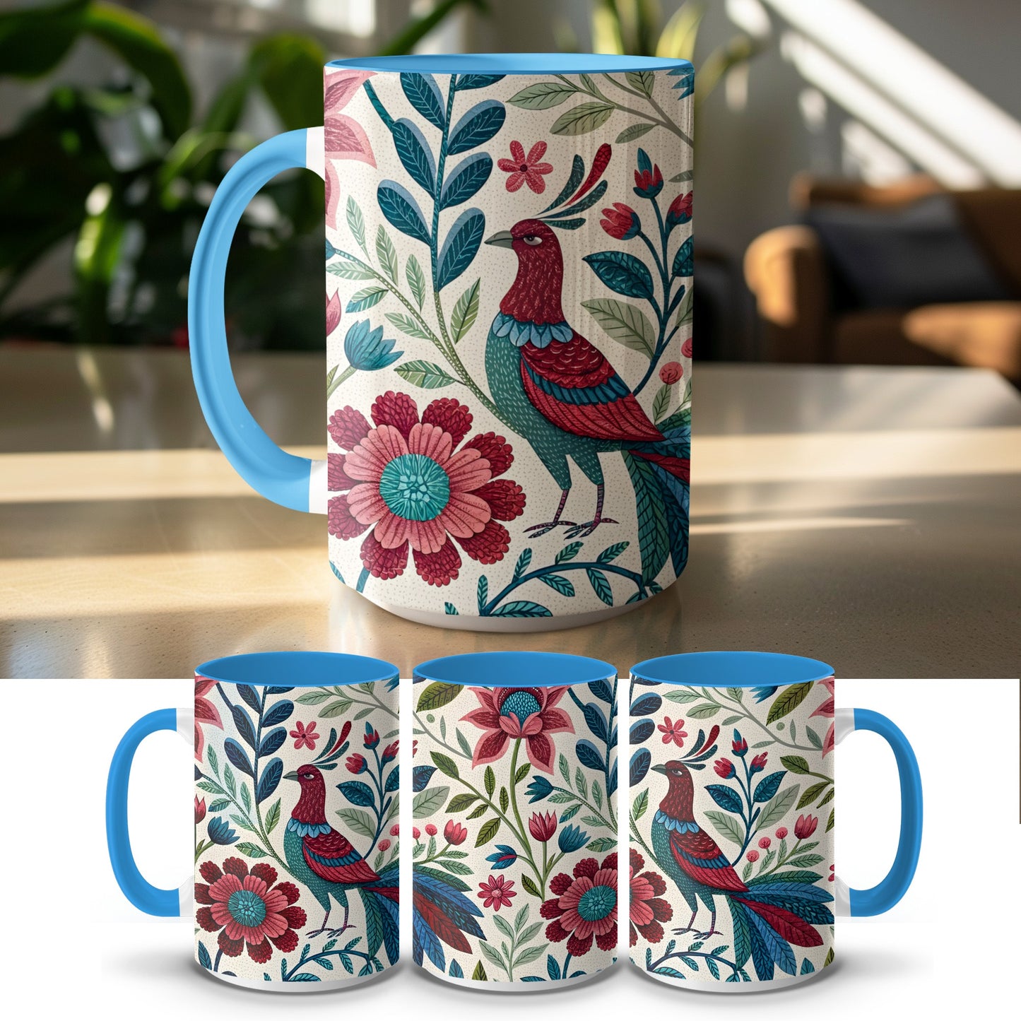 Colorful Bird and Floral Design Coffee Mug product