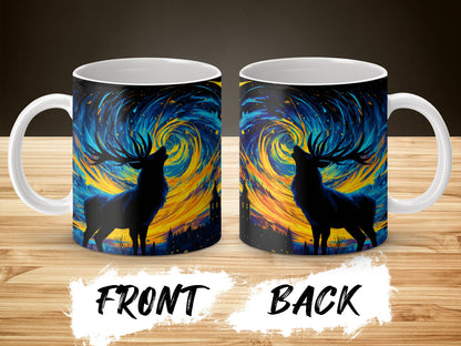 Starry Night Deer Silhouette Mug, Unique Artistic Wildlife Coffee Cup, Vibrant Colorful Design, Gift Idea for Nature Lovers