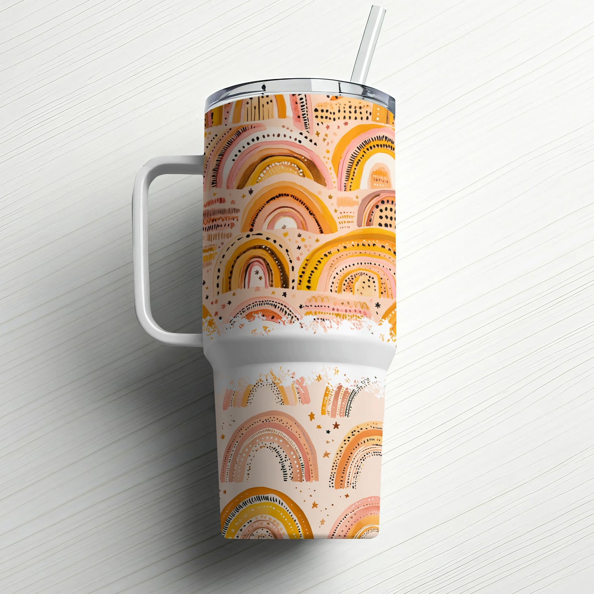 Boho Rainbow Tumbler, Insulated Travel Mug, Colorful Abstract Art, Stainless Steel Cup with Lid and Straw, Unique Gift Idea