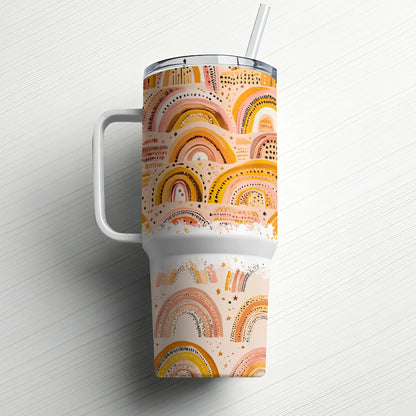 Boho Rainbow Tumbler, Insulated Travel Mug, Colorful Abstract Art, Stainless Steel Cup with Lid and Straw, Unique Gift Idea